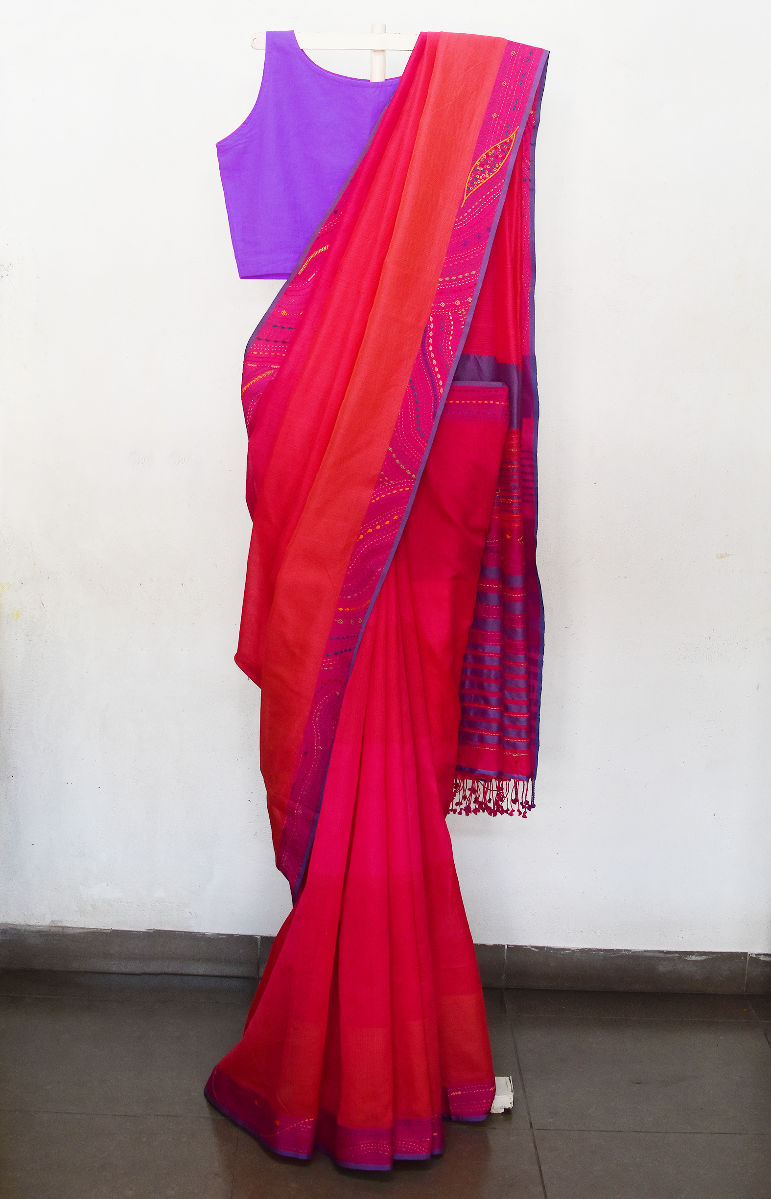 Pink, Handwoven Organic Cotton, Textured Weave , Hand Embroidered, Work Wear Saree
